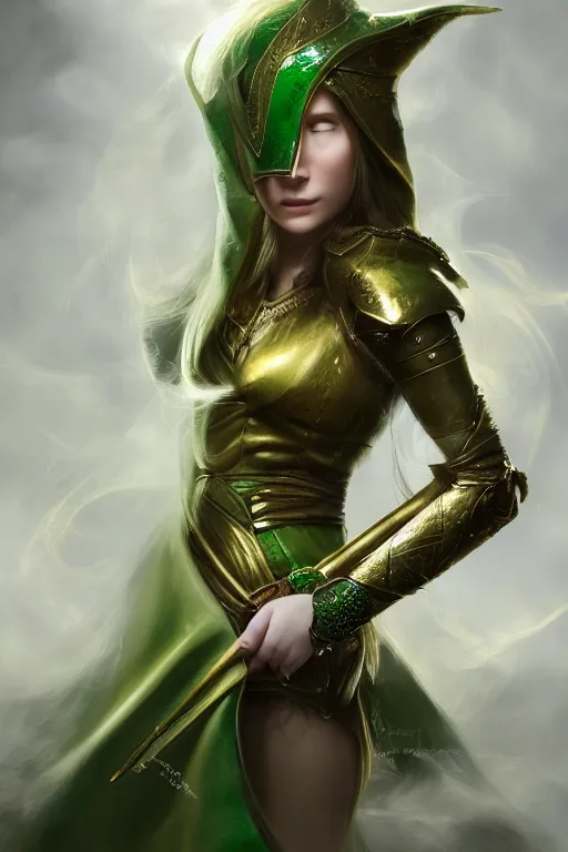 Image similar to a beautiful portrait of a young woman, green elf ranger with long flowing hair and a green leather hood, elf ranger leather armor with green colors and gold lining, young female face, cinematic top lighting, insanely detailed and intricate, face by wlop, Charlie Bowater, golden ratio, symmetric, elegant, ornate, luxury, elite, matte painting, cinematic, trending on artstation, deviantart and cgsociety, 8k, high resolution