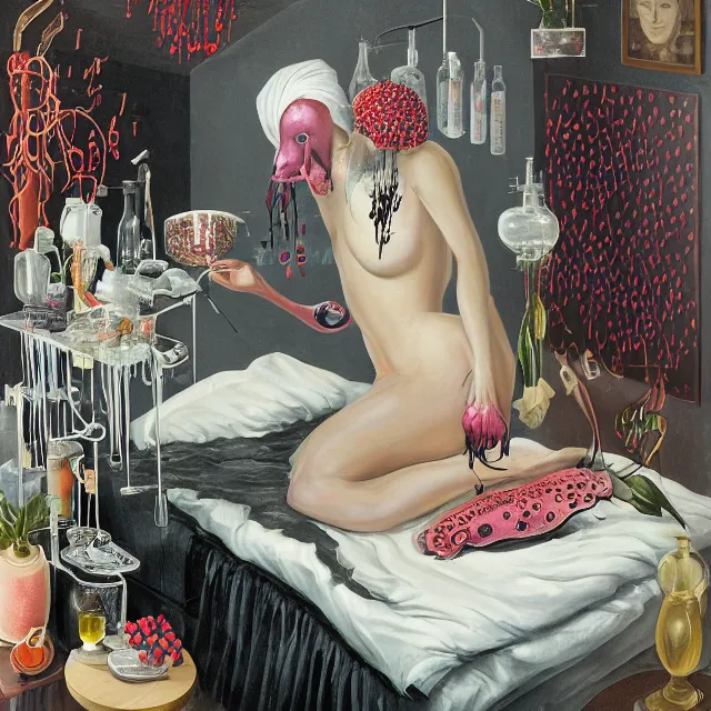 Prompt: bedroom with black dripping walls and a futon, peacock, berry juice dripping, a sensual portrait of a female pathologist holding a brain, intravenous drip, wilted flowers, pomegranate, candles, octopus, pancakes, berries, surgical supplies, scientific glassware, candles, neo - expressionism, surrealism, acrylic and spray paint and oilstick on canvas