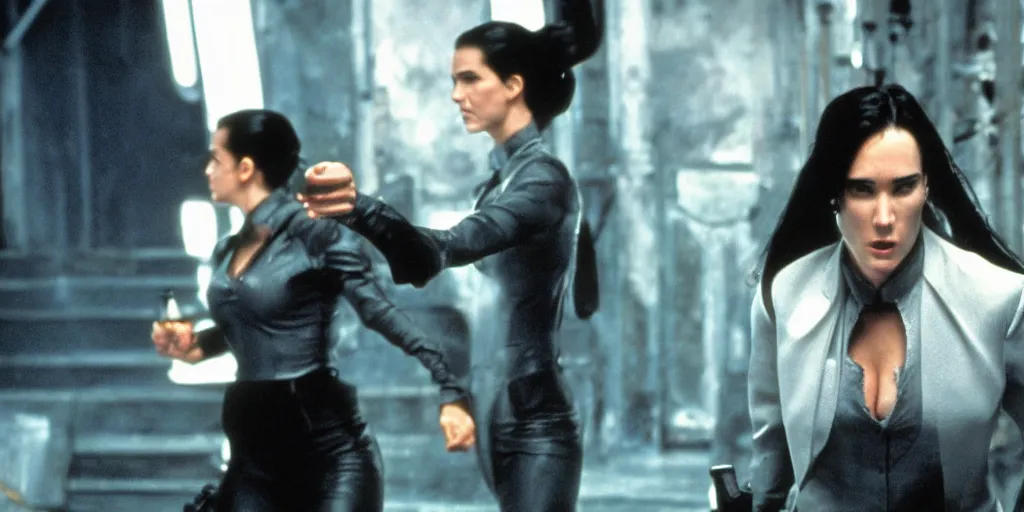 Image similar to jennifer connelly in matrix, cinema, still from movie, action, blu ray, 4 k, strong acting