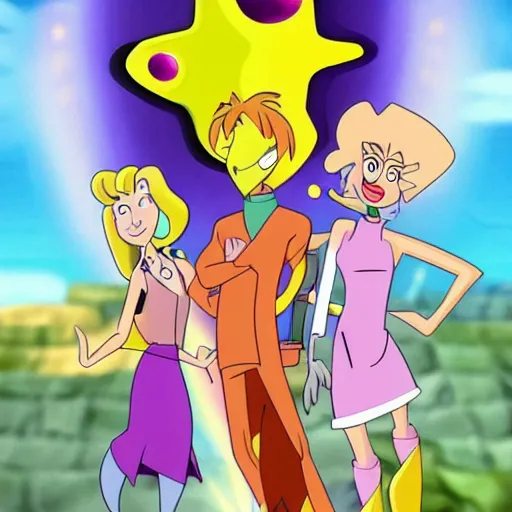 Image similar to courage the cowardly dog meets totally spies, crossover, cartoon, still from cartoon network