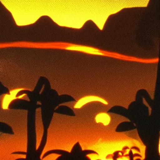 Prompt: still photo of a real sunset inside the first level of donkey kong country ( 1 9 9 4 ), in the movie hook, real life, photorealistic, soft focus, long exposure