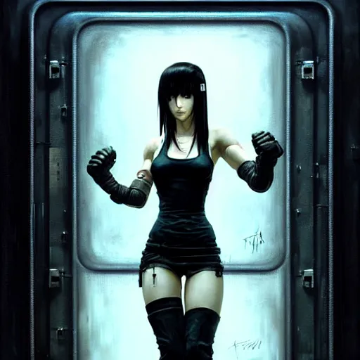 Image similar to Portrait of Tifa Lockhart by Greg Rutkowski. She is hiding from a Shinra robot in the Reactor Core by Mark Arian. It is dark and stark and industrial by H.R. Giger. soft render, octane, highly detailed painting by Moebius. artstation Blank Canvas Scene by Tetsuya Nomura.