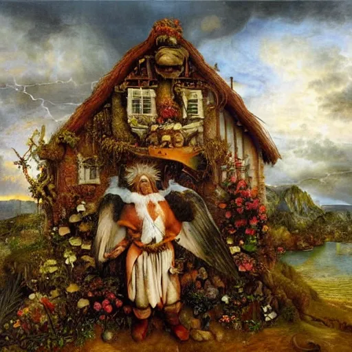 Image similar to an oil painting by giuseppe arcimboldo and ross tran of a rugged nature god with majestic angel wings standing in front of a beautiful cottage designed by thomas kincade