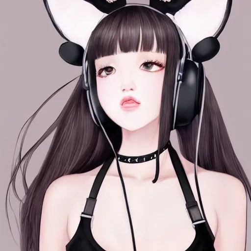 Image similar to realistic detailed semirealism beautiful gorgeous natural cute Blackpink Lalisa Manoban black hair black cat ears, wearing white camisole outfit, headphones, black leather choker artwork drawn full HD 4K high resolution quality artstyle professional artists WLOP, Aztodio, Taejune Kim, Guweiz, Pixiv, Instagram, Artstation