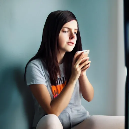 Prompt: Girl with dark brown hair, on her phone, in a bright room, contemplating if she should join a group chat, trending on artstation, artstationHQ, artstationHD, artstation photorealism, 4k, 8k