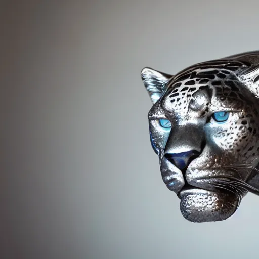 Image similar to portrait photography of a silver jaguar sculpture with glowing blue eyes