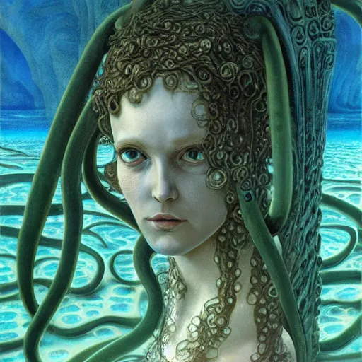 Prompt: eyes, tentacle-enabled underwater human descendant, futuristic painting by jim burns, edward burne-jones, dagon, hd 8k