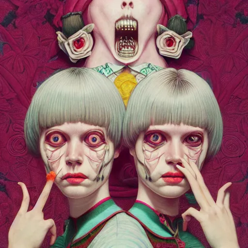 Image similar to creepy twins:: by Martine Johanna and Simon Stålenhag and Chie Yoshii and Casey Weldon and Guillermo del toro :: ornate, dynamic, particulate, intricate, elegant, highly detailed, centered, artstation, smooth, sharp focus, octane render, 3d