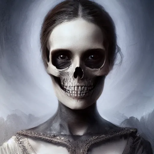 Image similar to an portrait of an woman with a skull face, Matte painting , detailed painting, made by Greg Rutkowski, 4k, atmospheric