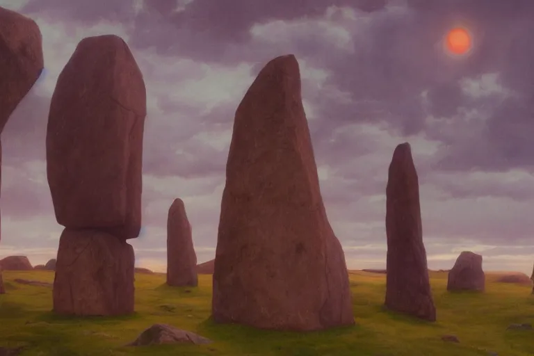 Image similar to circle of standing stones at dawn, dramatic cinematic lighting, rich colors, by William Dyce and ford madox brown and April Gornik and Caspar David Friedrich and Diego Rivera and Tyler Edlin and Nicholas Roerich, featured on artstation