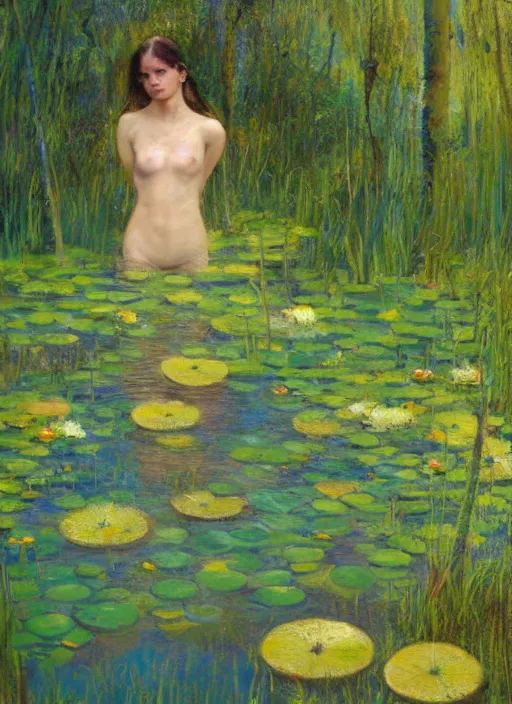 Image similar to full body portrait of a beautiful woman bathing in a shallow pond, front facing her body obscured by water lilies, aspen grove in the background, by Jeremy Mann, stylized, detailed, loose brush strokes, pastel colors, green and yellow tones