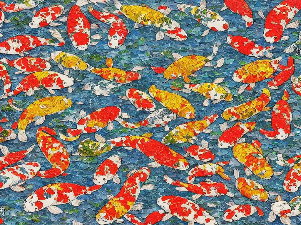 Prompt: breathtaking detailed concept art painting kaleidoscope of koi carp collage illustration pattern, 1 5 0 mm, tiny, small, miniature, short, cute and adorable, digital painting, highly detailed, intricate, elegant, artstation, concept art, colorful, beautiful, studio ghibli, aoshima chiho, takashi murakami, manga, cute and adorable