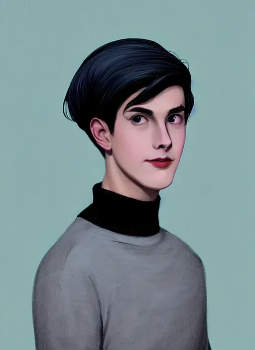 Image similar to portrait of teenage jughead jones wearing a light grey crown, crown, blue turtleneck, 1 9 5 0 s, closed eyes, photorealistic, black hair, glowing lighting, intricate, elegant, glowing lights, highly detailed, digital painting, artstation, concept art, smooth, sharp focus, illustration, art by wlop, mars ravelo and greg rutkowski