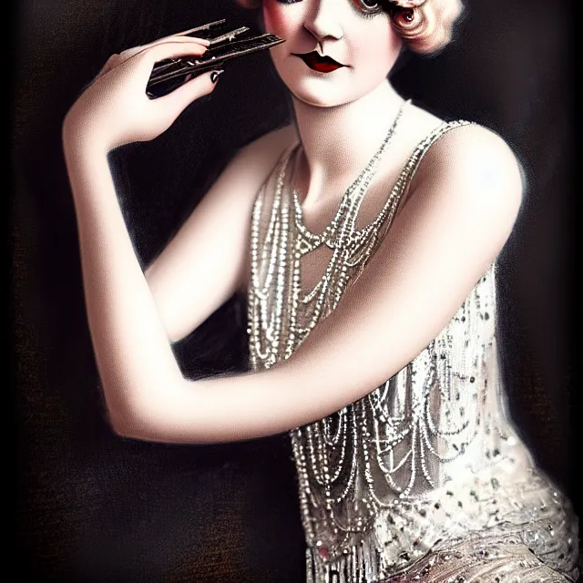 Image similar to 1 9 2 0 s beautiful woman in a flapper photo portrait, atmospheric lighting, painted, intricate, ultra detailed, well composed, best on artstation, cgsociety, epic, stunning, gorgeous, intricate detail, wow, masterpiece