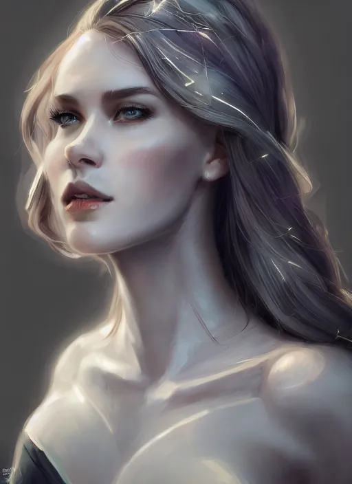 Image similar to beautiful fashion goddness, strapless dress, character portrait in the style of thomas river and artgerm, wlop, cinematic lighting, hyperdetailed, 8 k realistic, symmetrical, global illumination, radiant light, halo, love and mercy, frostbite 3 engine, cryengine, dof, trending on artstation, digital art, chanel