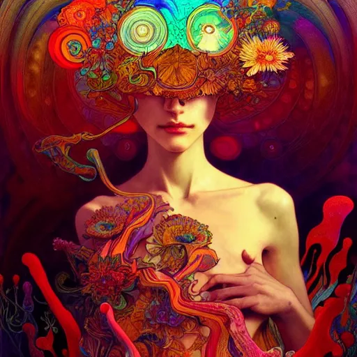 Image similar to An extremely colorful psychedelic experience, reality bending, magic mushrooms, psilocybin, LSD, face, detailed, intricate, elegant, highly detailed, digital painting, artstation, concept art, smooth, sharp focus, illustration, art by Krenz Cushart and Artem Demura and alphonse mucha