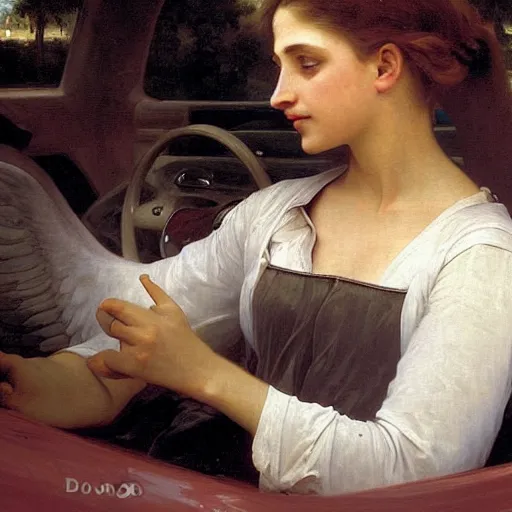 Image similar to an oil painting of an angel driving a car in a restaurant drive through, one hand on the steering wheel, exterior view, by Bouguereau, highly realistic and intricate