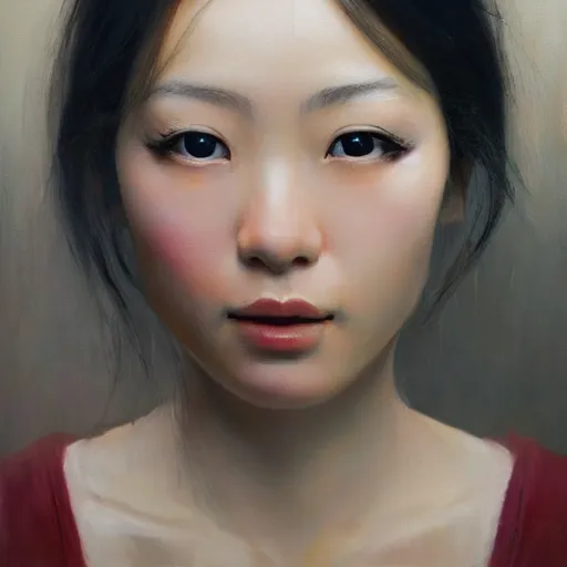 Image similar to perfect, realistic oil painting of close-up japanese girl face, by Sakimichan, by an American professional senior artist, Hollywood concept, dynamic composition and motion, postproduction.