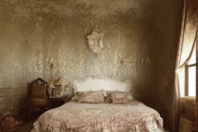 Prompt: dark dreamy rococo bedroom, soft focus cinematic still, dark dreamy dappled light