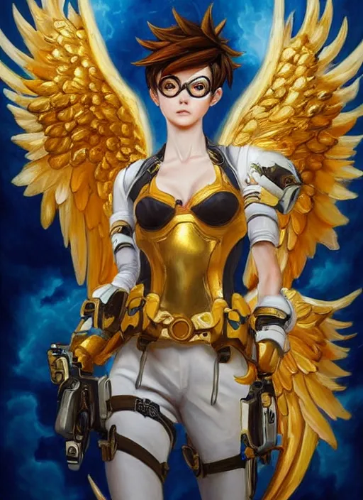 Image similar to full body oil painting of tracer overwatch in the style of sophie anderson, angel wings, angelic golden armor, dramatic painting, symmetrical composition, ornate, golden chains, high detail, gold detailed collar!!!!!, blooming, angelic, lights, flowers, heavenly, bright, detailed face,