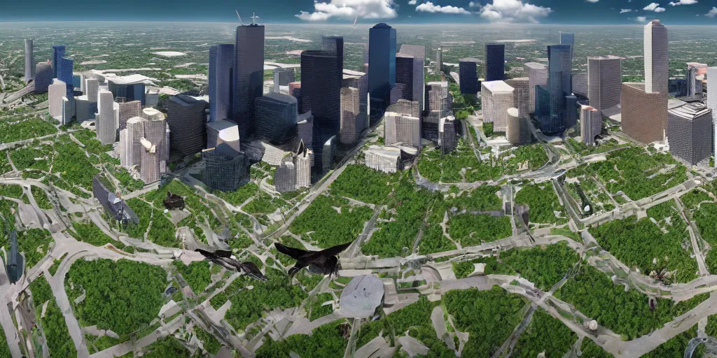 Image similar to panorama of houston texas in the future, sci - fi buildings and technologies, nature is lush and has been restored, birds are flying, realistic, beautiful, landscape, octane render, 8 k, peaceful, cinematic lighting, extremely detailed, hd, unreal