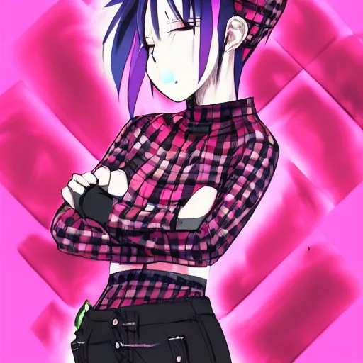 Image similar to anime woman with pink mohawk punk, digital art, drawn by WLOP, by Avetetsuya Studios, anime manga panel, trending on artstation, wearing a plaid shirt