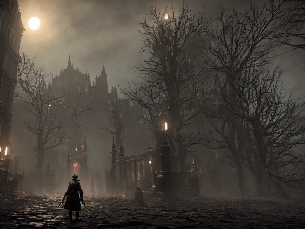 Image similar to bloodborne 2, dark, nighttime, victorian england style, horror, grotesque, serene, haunting, High Definition detail, 8K