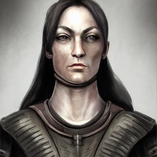 Image similar to head portrait, full faced, 35 years old women, strict, militaristic, medieval light armor, high detail, androgyny, digital art, medieval fantasy