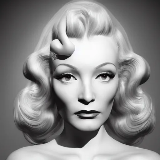 Image similar to A young beautiful female angelic-extraterrestrial-cyborg face looking like Marlene Dietrich with a very long neck, big clear eyes, thin nose, big lips, hair floating in the wind, Realistic, Refined, Digital Art, Pre-Raphaelite, Highly Detailed, Cinematic Lighting, rim light, black and white, high contrast, hyper real, photo-realistic Unreal Engine, 8K