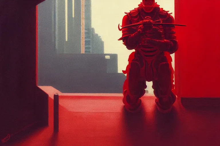 Image similar to only with red, a red samurai humanoid, tokio futuristic in background, yokai, in the style of beksinski, parts by edward hopper, parts by rodcenko, parts by yue minjun, intricate and epic composition, red by caravaggio, insanely quality, highly detailed, masterpiece, red light, artstation, 4 k