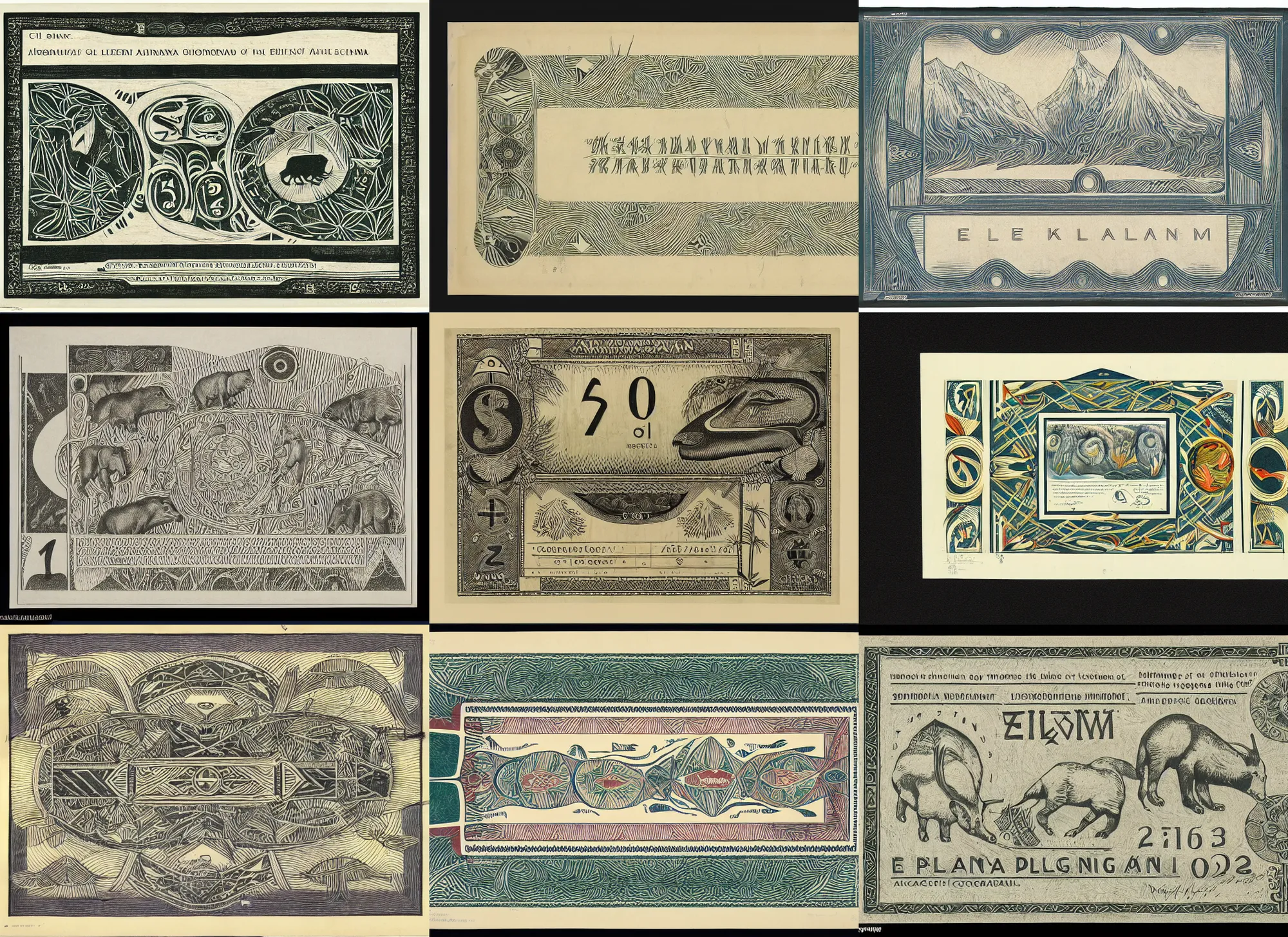 Prompt: a espiritual design of a Selknam money bill with the numeral value of 20, with aboriginal design and illustrations of Patagonian animals and vegetation by bauhaus , Elegant clean design, with well-defined edges and lines, clear figures, ink, sharp contrast, symetrical, whole bill framed, scanned 2400 dpi