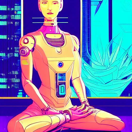 Image similar to a portrait of a beautiful cybernetic woman meditating in lotus pose, cyberpunk concept art by josan gonzales and jean claude meziere and syd mead