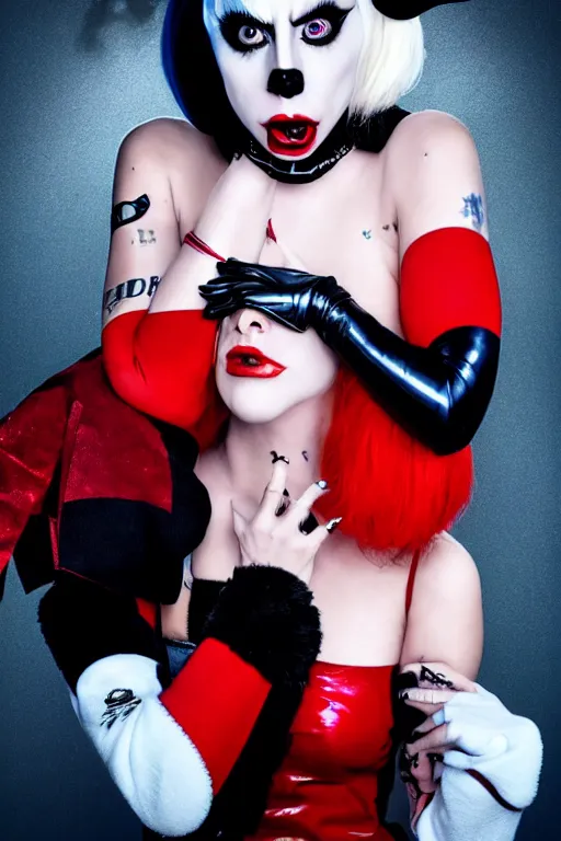 Image similar to scared lady gaga as harley quinn, attacked by teddy bear, luxury materials, symmetrical, cinematic, elegant, professional studio light, real dlsr photography, sharp focus, 4 k, ultra hd, sense of awe, high fashion