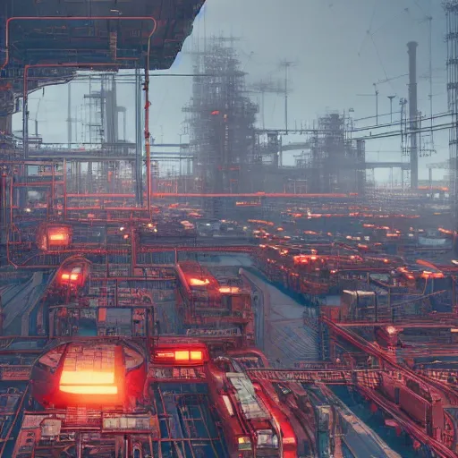 Image similar to factorio production line, intricate artwork by tooth wu and wlop and beeple. octane render, trending on artstation, greg rutkowski very coherent symmetrical artwork. cinematic, hyper realism, high detail, octane render, 8 k, red and black tones