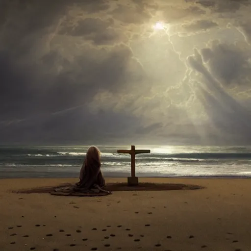 Image similar to a highly detailed render of a large cross standing on the beach as a storm comes in with the tide, woman sitting in the sand watching the ocean, epic fantasy, god rays, aerial photography, unreal engine, volumetric lighting, octane render, exquisite detail, 8 k, art by albert bierstadt and greg rutkowski and thomas moran and alphonse mucha