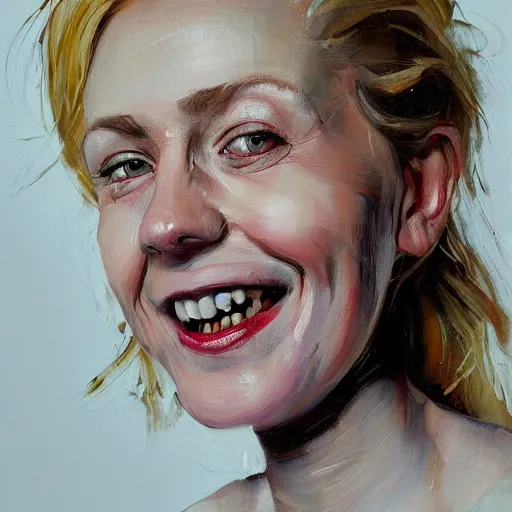 Prompt: portrait painting of woman from scandinavia, 8 7 1 2 years old, blonde hair, daz, occlusion, smiling and looking directly, brushstrokes, white background, art by enki bilal
