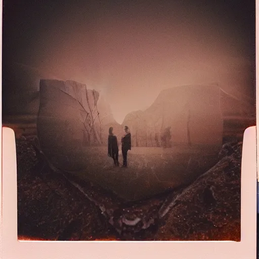 Image similar to polaroid of a surreal art scene, double exposure