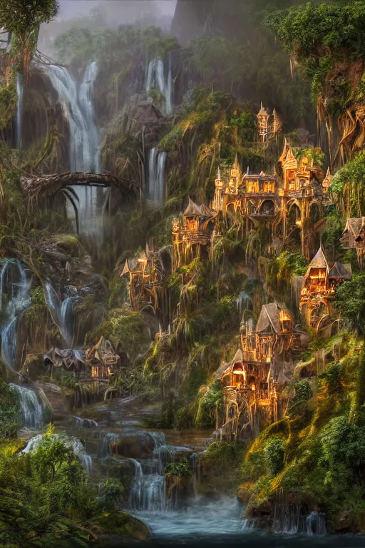 Image similar to wooden elven City with golden roofs, arches and bridges on top of a WATERFALL in the fall, gnarly trees, lush vegetation, forrest, a small stream runs beneath the waterfall, landscape, raphael lacoste, eddie mendoza, alex ross, john howe, concept art, matte painting, highly detailed, rule of thirds, dynamic lighting, cinematic, detailed, denoised, centerd, clean render