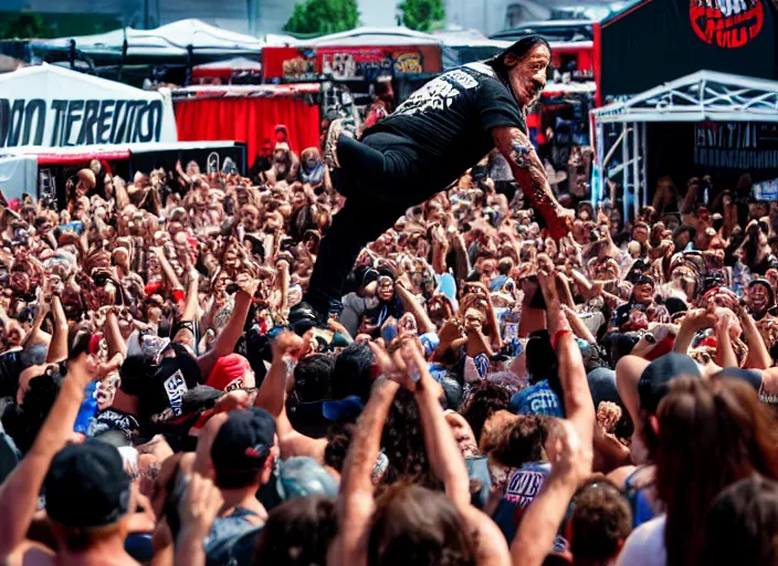 Prompt: photo still of danny trejo at vans warped tour!!!!!!!! at age 6 3 years old 6 3 years of age!!!!!!! stage diving at a crowd, 8 k, 8 5 mm f 1. 8, studio lighting, rim light, right side key light