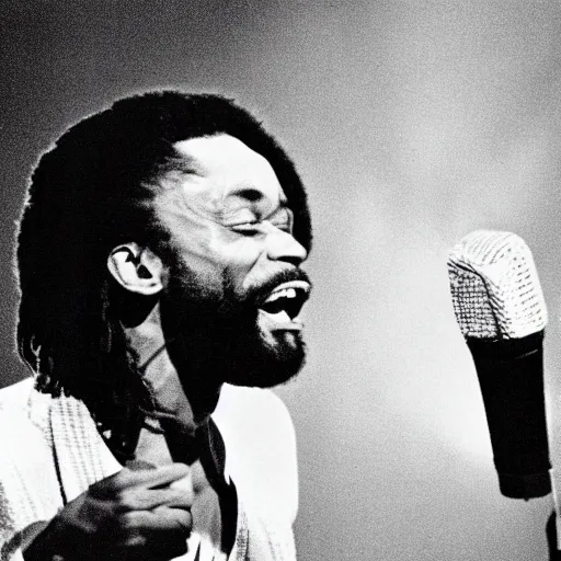 Image similar to ultrarealistic photograph of bobby mcferrin singing alone on stage in the spotlight, 1 9 8 3,