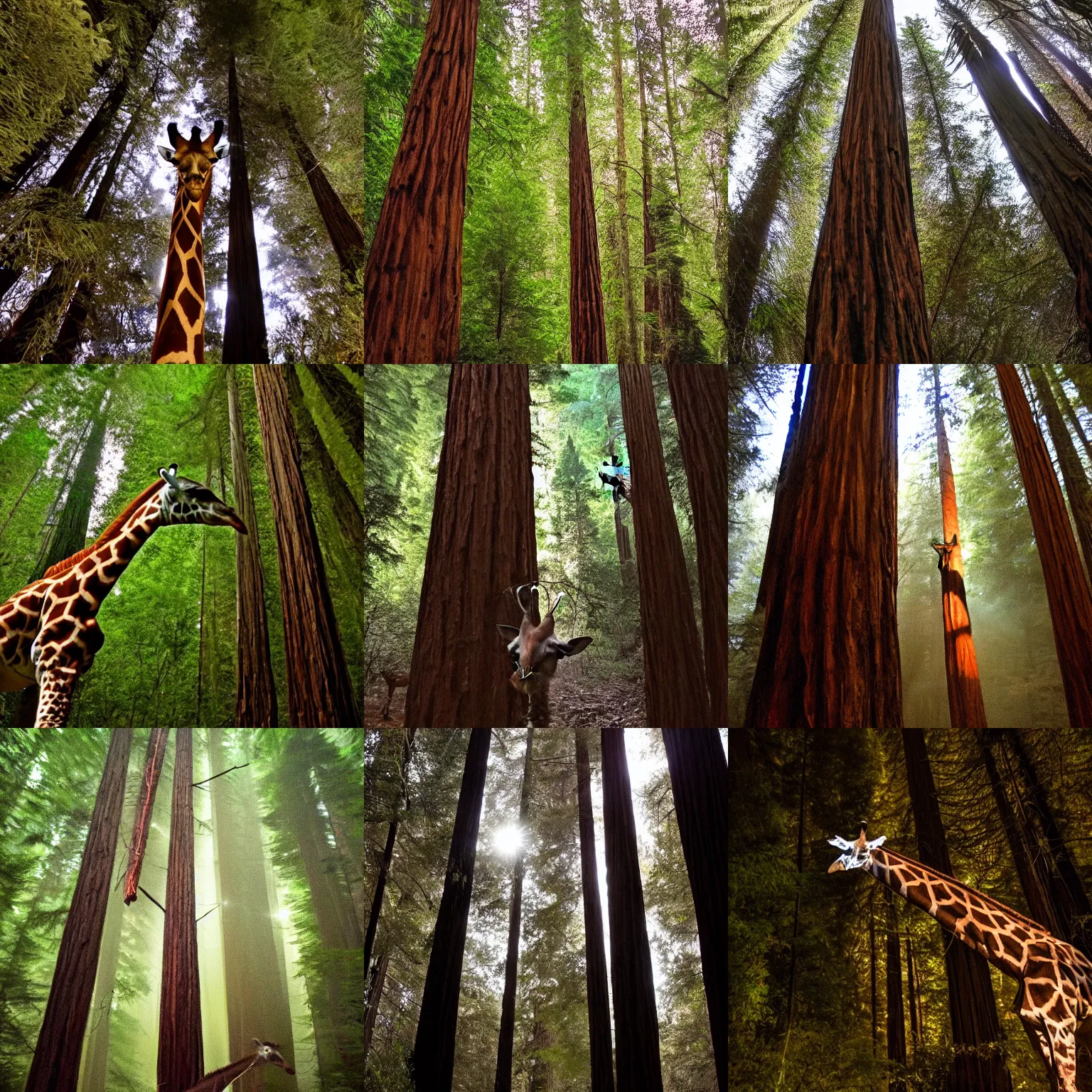 Prompt: midnight nighttime trail cam footage of a very tall giraffe in a redwood forest, poking its nose at the lens, bright flash photo, grainy, motion blur