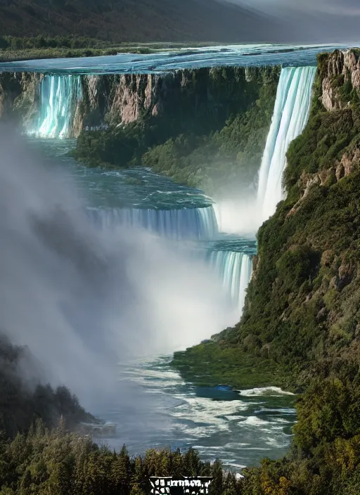 Image similar to cascade of multiple gigantic niagara falls, epic mountains in the background, early dawn, fantasy illustration, matte painting, concept art, volumetric lighting, volumetric atmosphere, morning mist, art by james gurney, unreal engine 5, 8 k