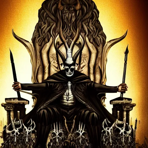 Prompt: the king of death, sitting on throne, shadows, hyperrealistic, dead bodies in the background, high resolution, 8 k, dramatic lighting, goat - like horns, dramatic pose, dramatic