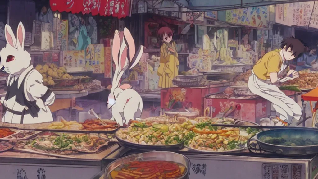 Image similar to a rabbit being cooked in a street market, anime film still from the an anime directed by Katsuhiro Otomo with art direction by Salvador Dalí, wide lens