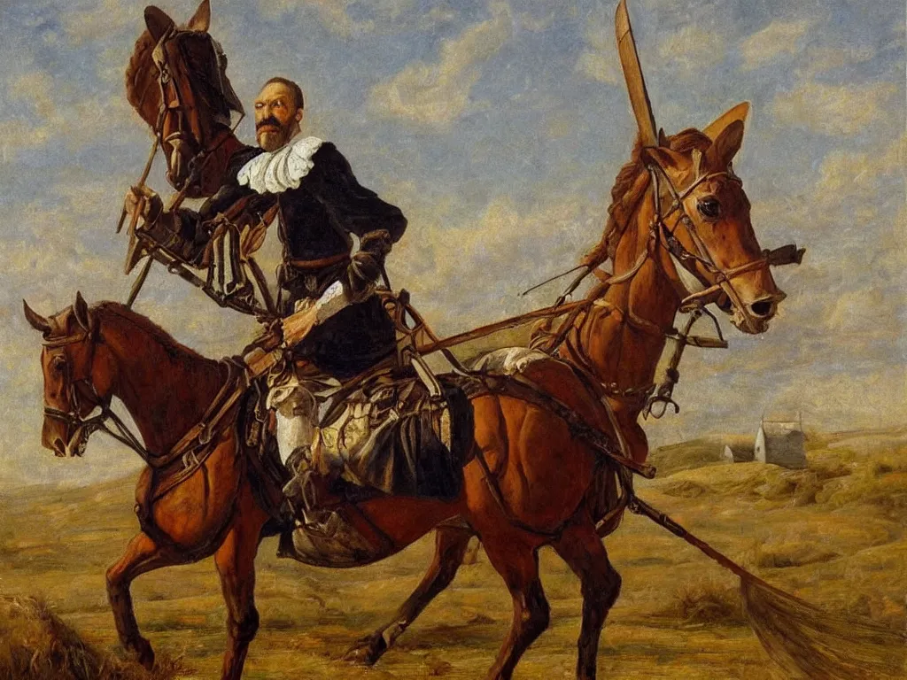 Image similar to portrait of a don quixote, windmill! on a background, realism, oil painting, highly detailed, pre - raphaelite style