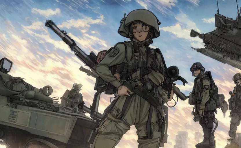 Prompt: anime style, modern warfare, panoramic view, searchlights in background, soldier clothing, hair down, real faces, symmetrical facial features, from arknights, hyper realistic, wallpaper, detailed drawing, trending pixiv, safebooru, volumetric lights, think in 3 d, by alphonse mucha, greg rutkowski, sharp focus, backlit, mechanized transport