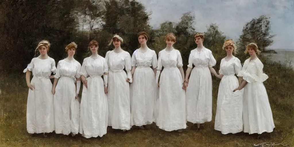 Prompt: five young edwardian women wearing white dresses on a beach in Sweden, two of them are holding hands, in the style of Anders Zorn