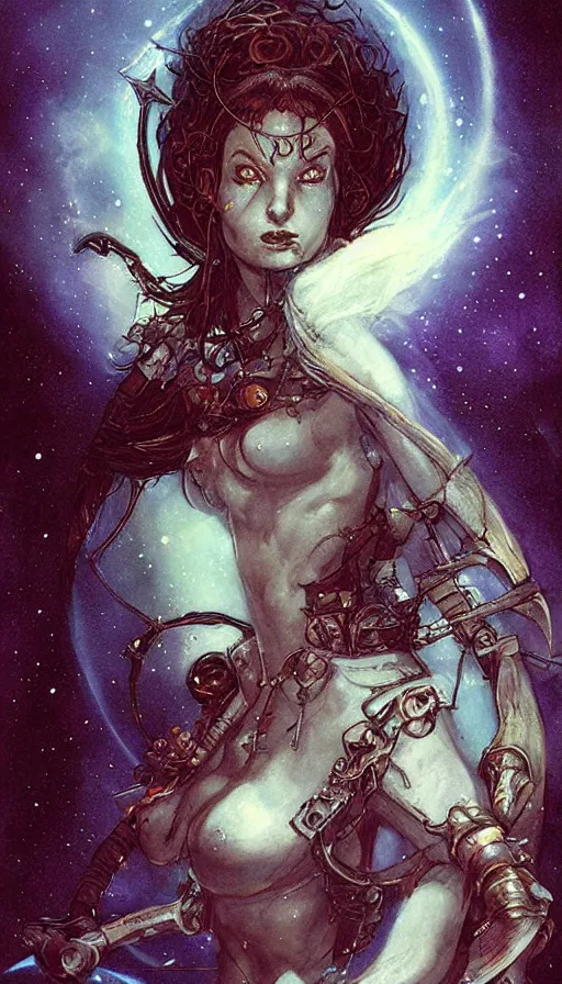 Image similar to portrait of female space pirate, night sky background, beautiful! coherent! by brom, by brian froud, deep color, strong line, high contrast