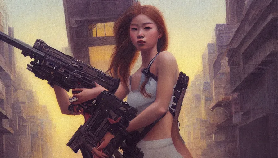 Image similar to a ultradetailed beautiful painting of a girl holding a gun on rio de janeiro by cheng hsiao - ron, ngai victo, jean delville by wlop and dougherty patrick, trending on artstation, sci fi, futurism, post capitalism, octane rendering, sharp focus