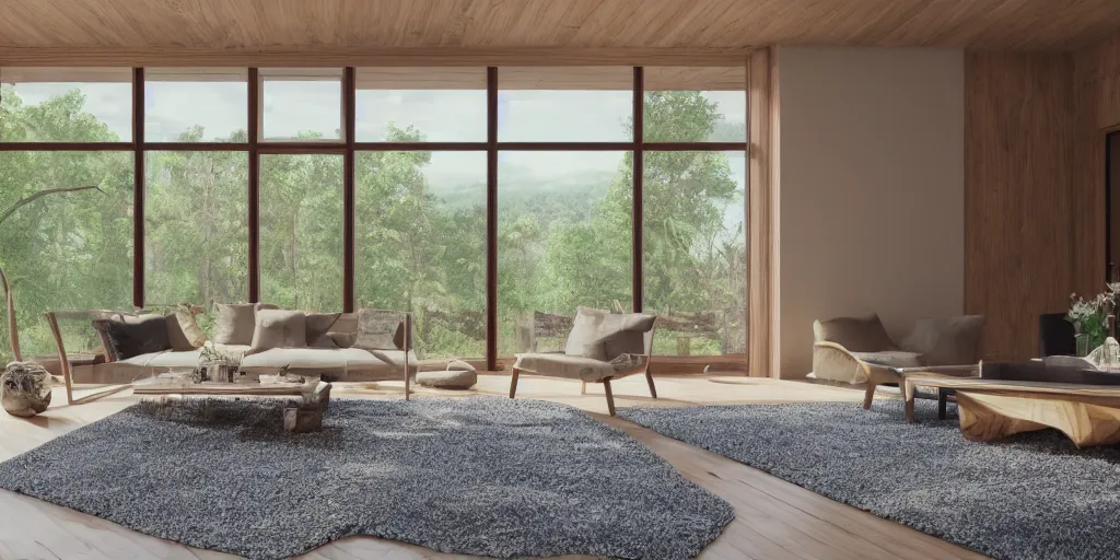 Prompt: a beautiful modern living room with wood floors, large windows with a beautiful view of a forest, an area rug, realistic, hd, 8 k, digital rendering, unreal engine, blender, octane, maya